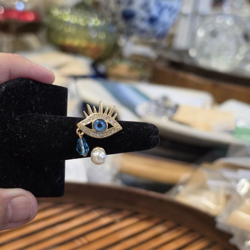 Vintage Gold Tone Evil Eye Bypass Ring Faux Pearl Blue Crystal Size 6.25